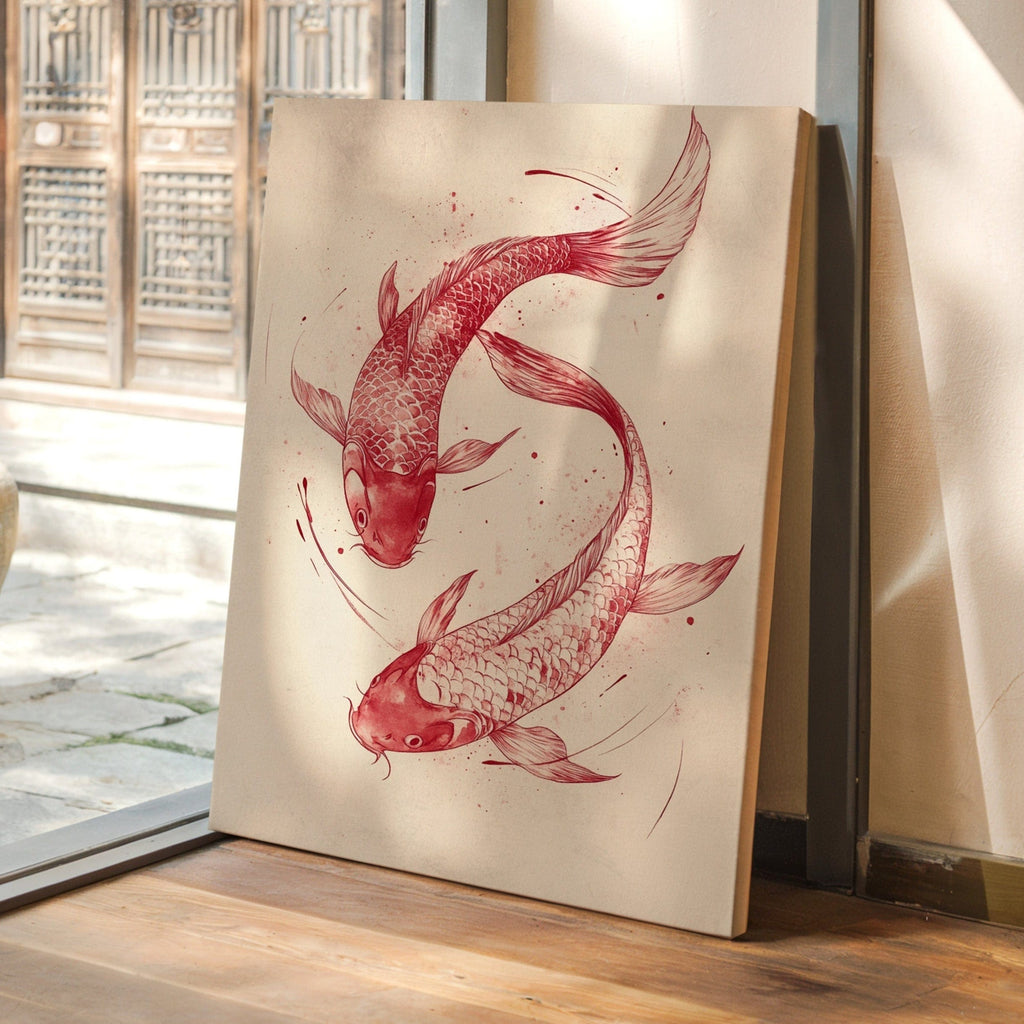 Koi Fish Wall Art – Minimalist Japanese Ink Print, Zen Decor