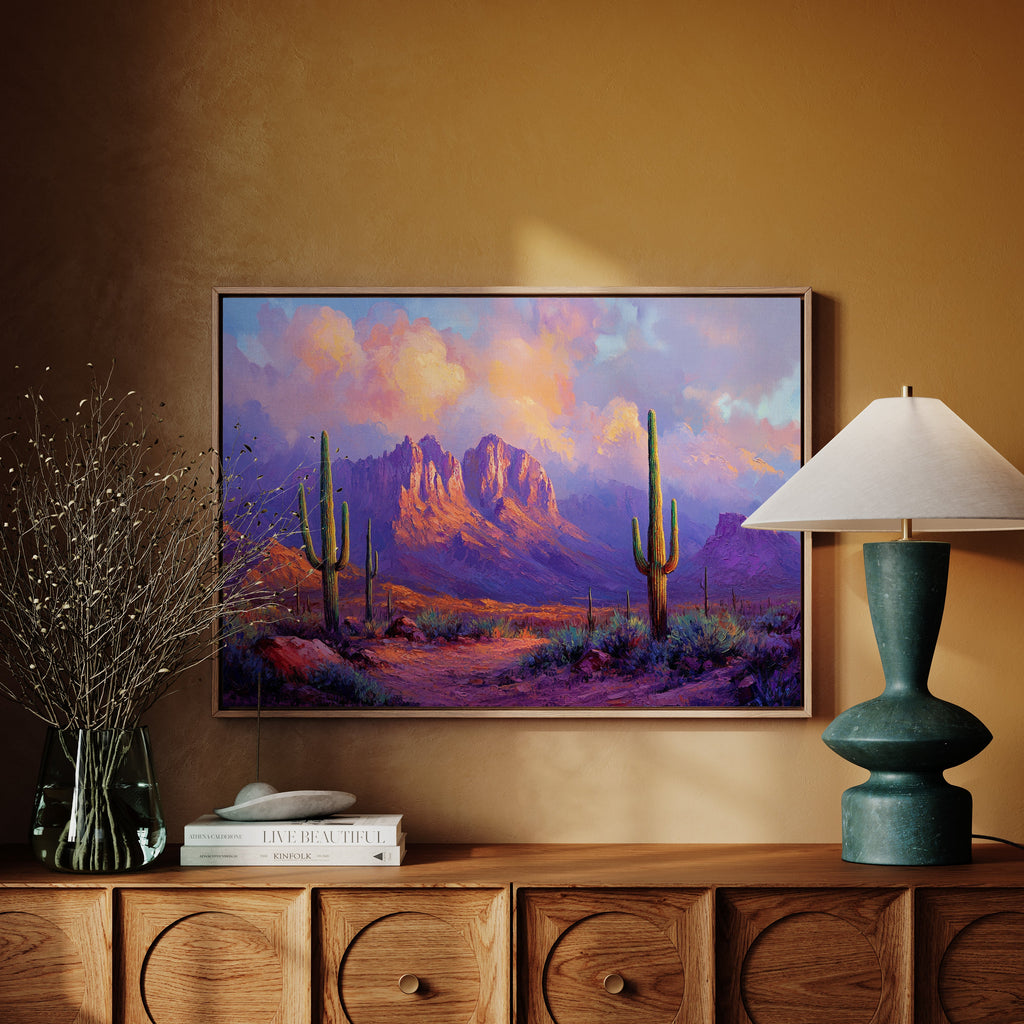 Purple Desert Sunset Canvas – Southwest Cactus Wall Art
