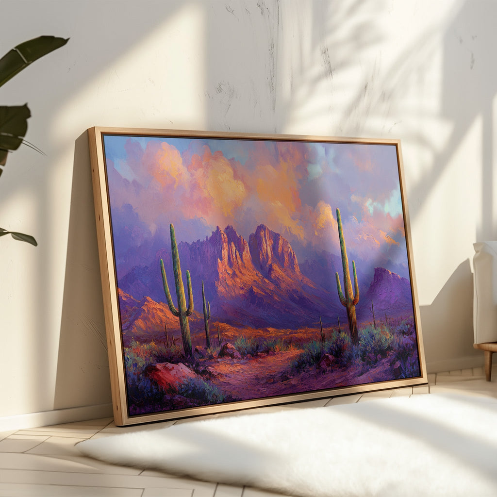 Purple Desert Sunset Canvas – Southwest Cactus Wall Art
