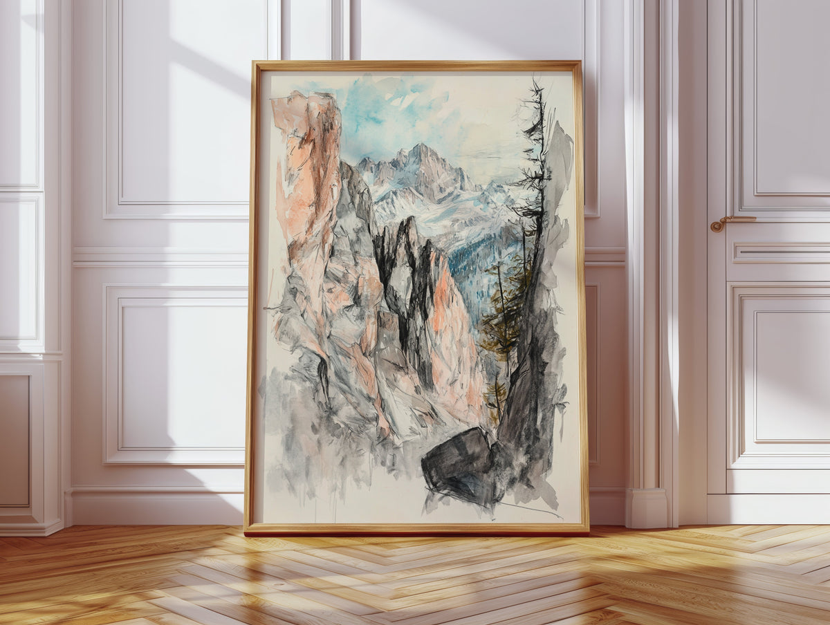 Alpine Canyon Watercolor Print – Mountain Cliff Wall Art