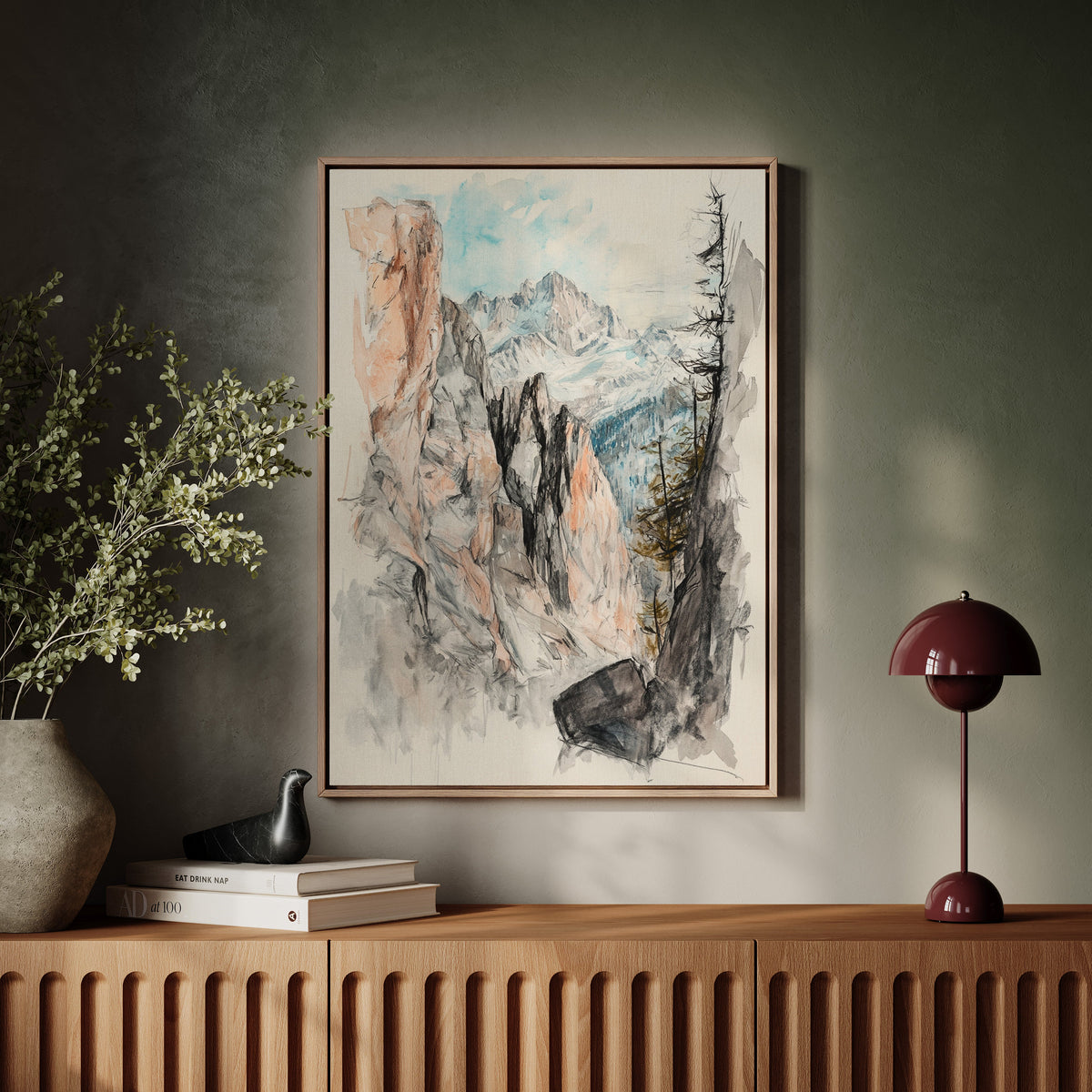 Alpine Canyon Watercolor Print – Mountain Cliff Wall Art