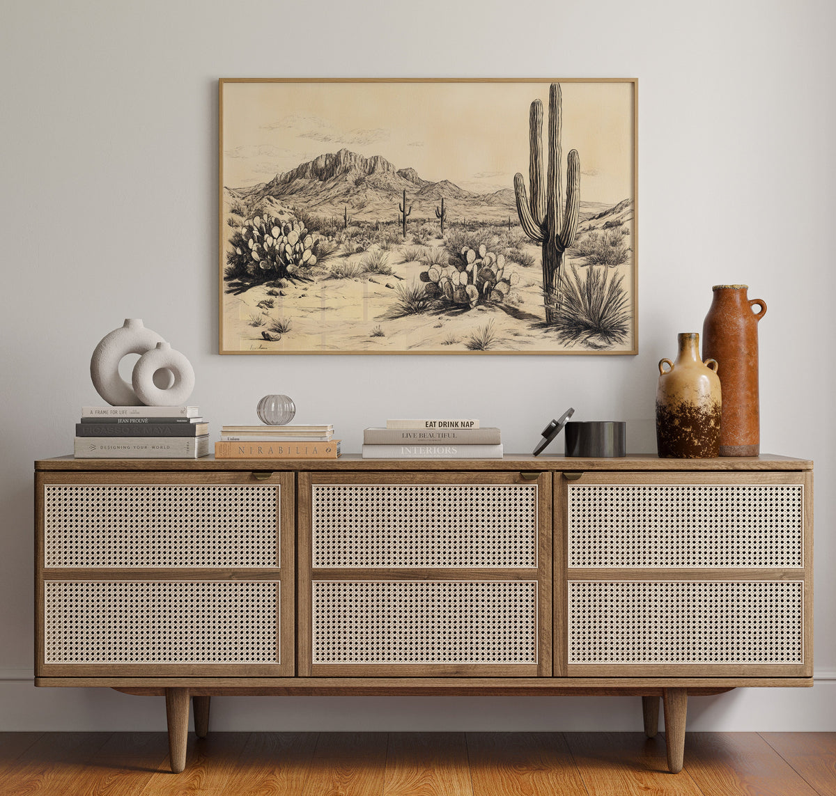 Sonoran Stillness – Vintage Desert Landscape Illustration