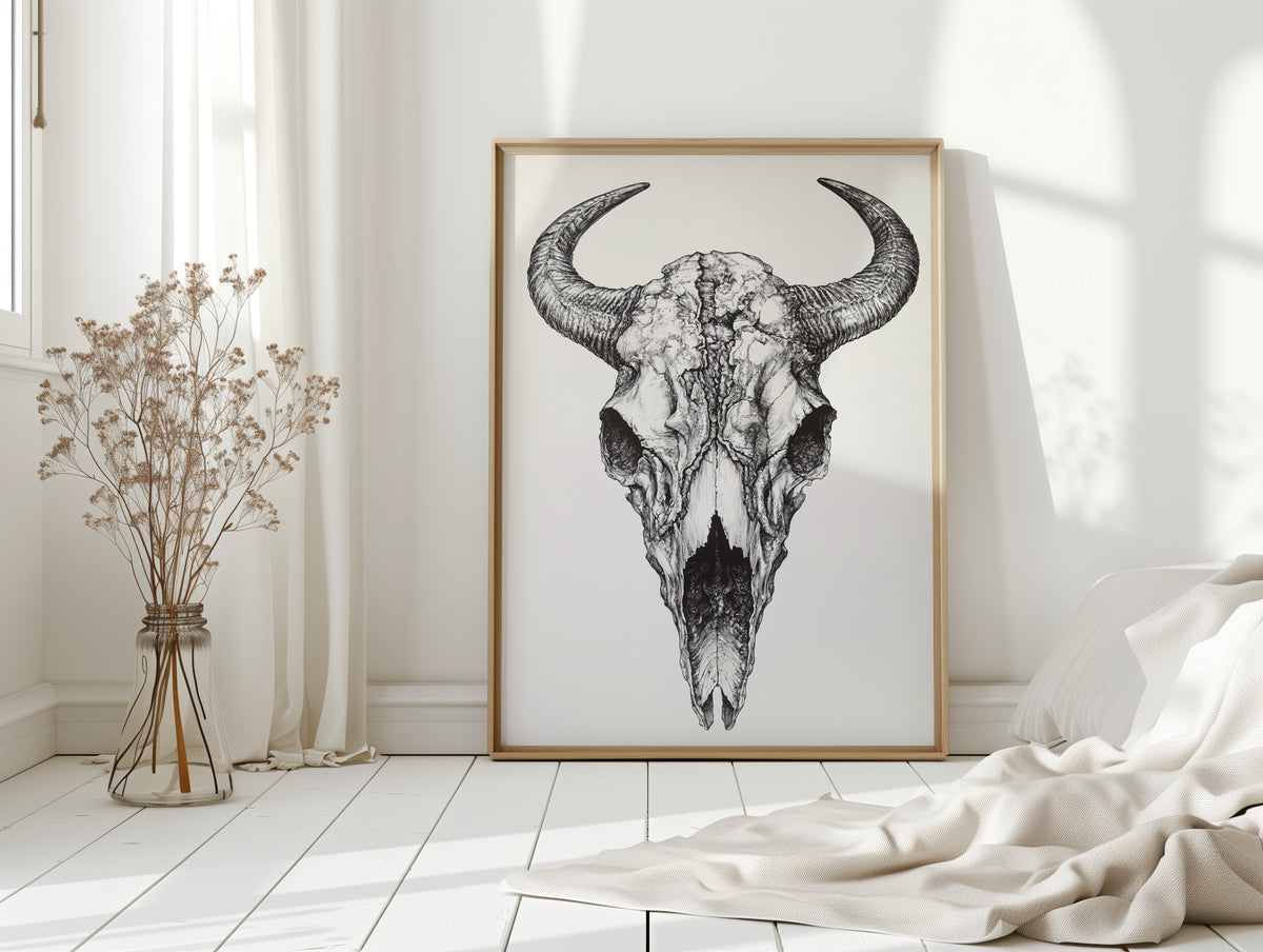 Western Bison Skull – Black Ink Rustic Wall Art