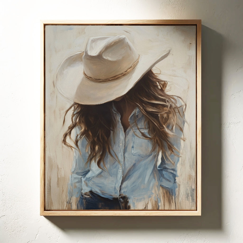 Cowgirl in Blue – Soft Western Elegance Canvas Print