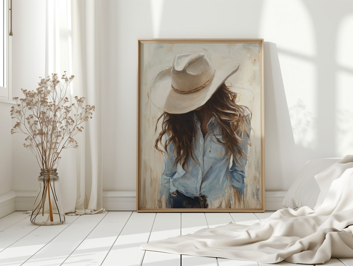 Cowgirl in Blue – Soft Western Elegance Canvas Print