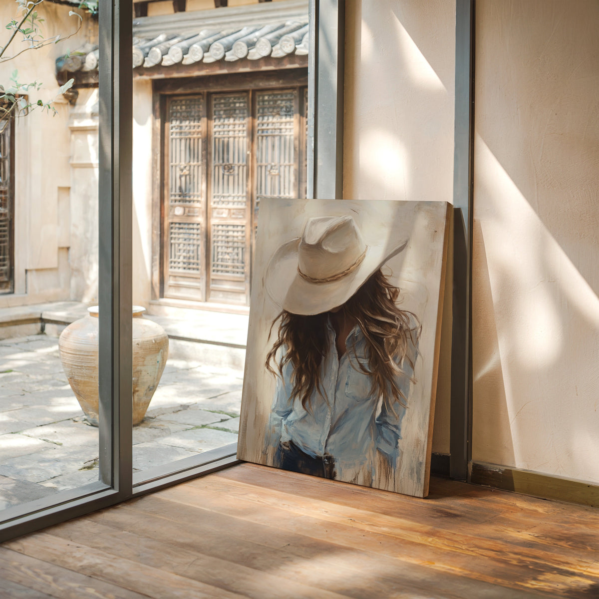 Cowgirl in Blue – Soft Western Elegance Canvas Print