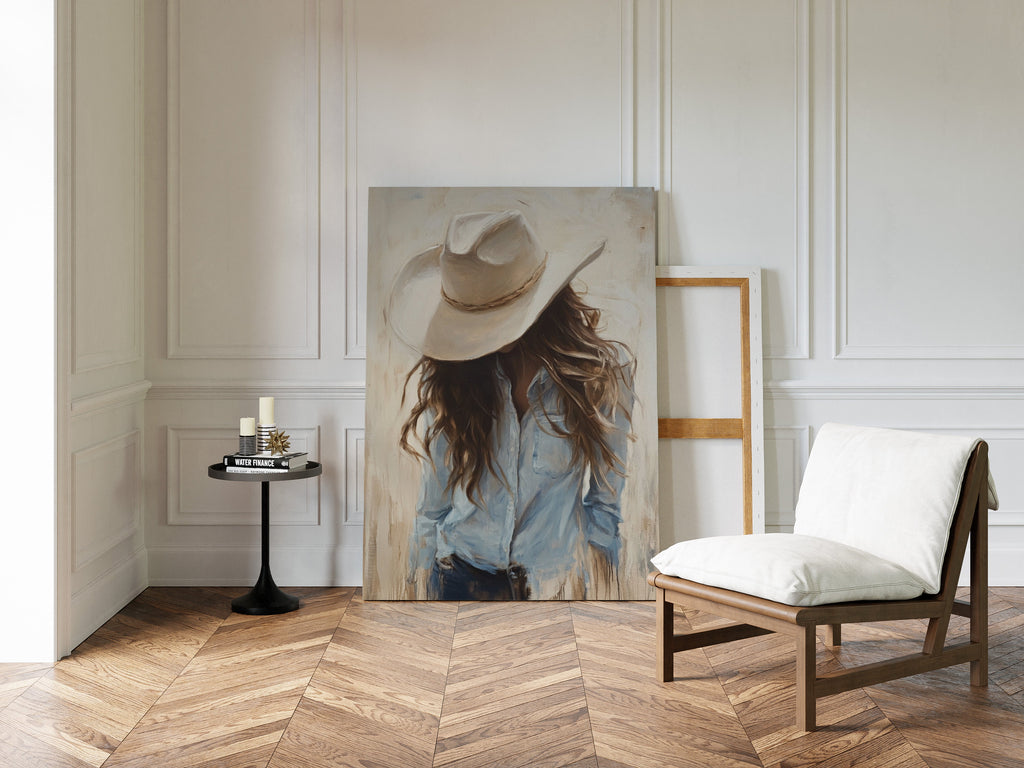 Cowgirl in Blue – Soft Western Elegance Canvas Print