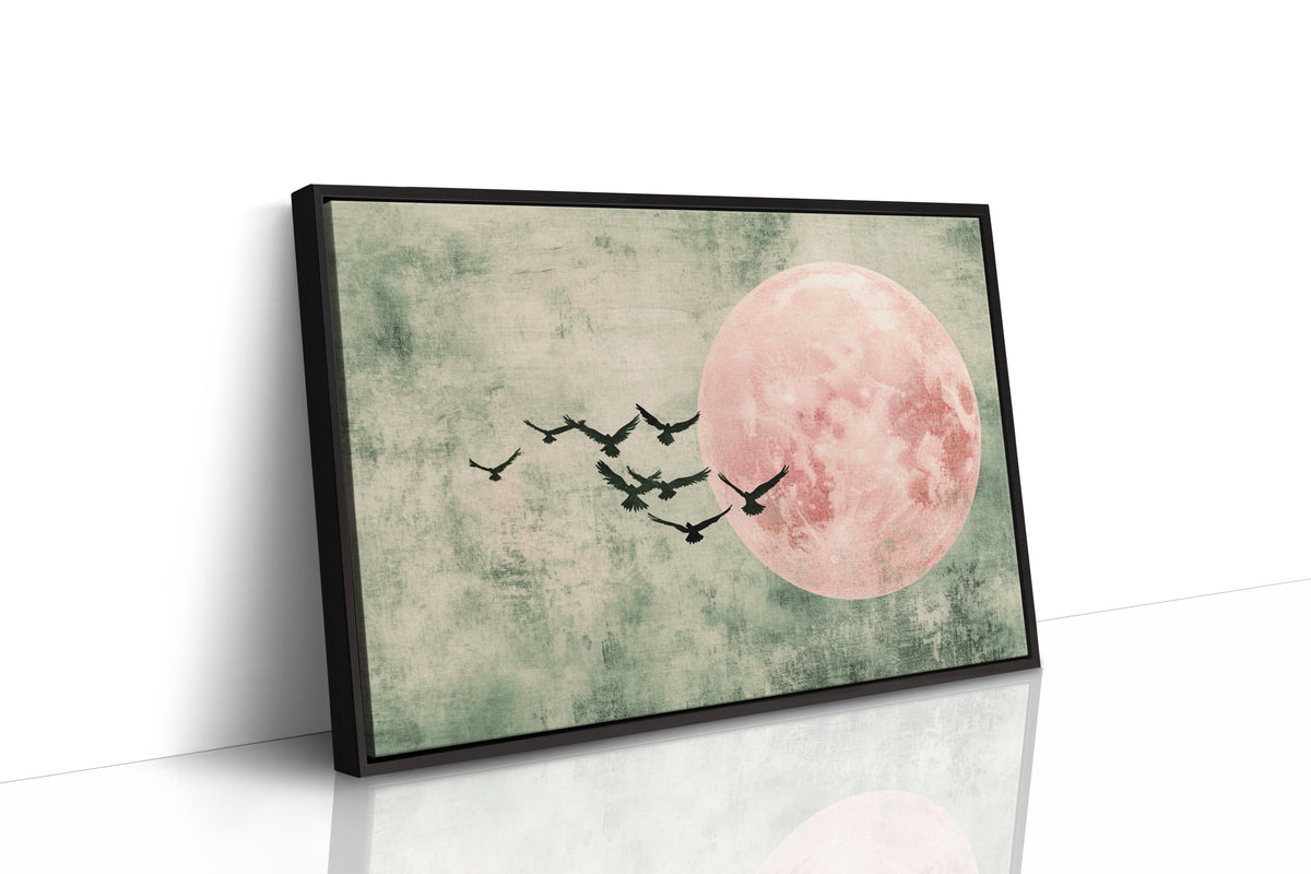 Pink Moon Wall Art – Minimalist Birds in Flight Print