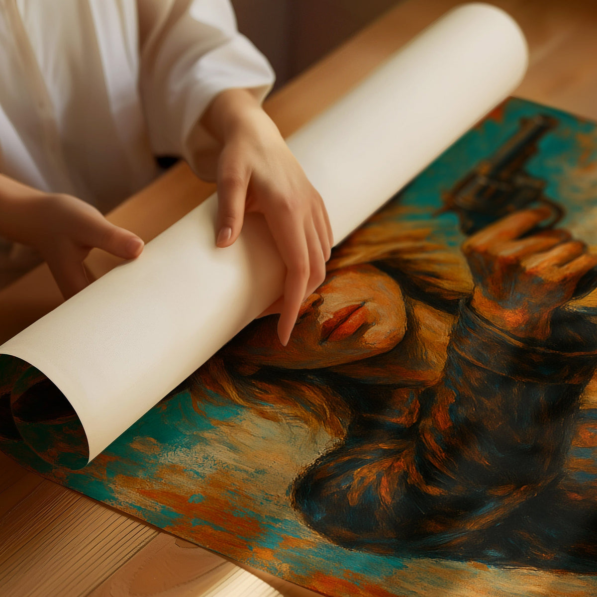 Western Grit: Cowgirl With Revolver Canvas Art