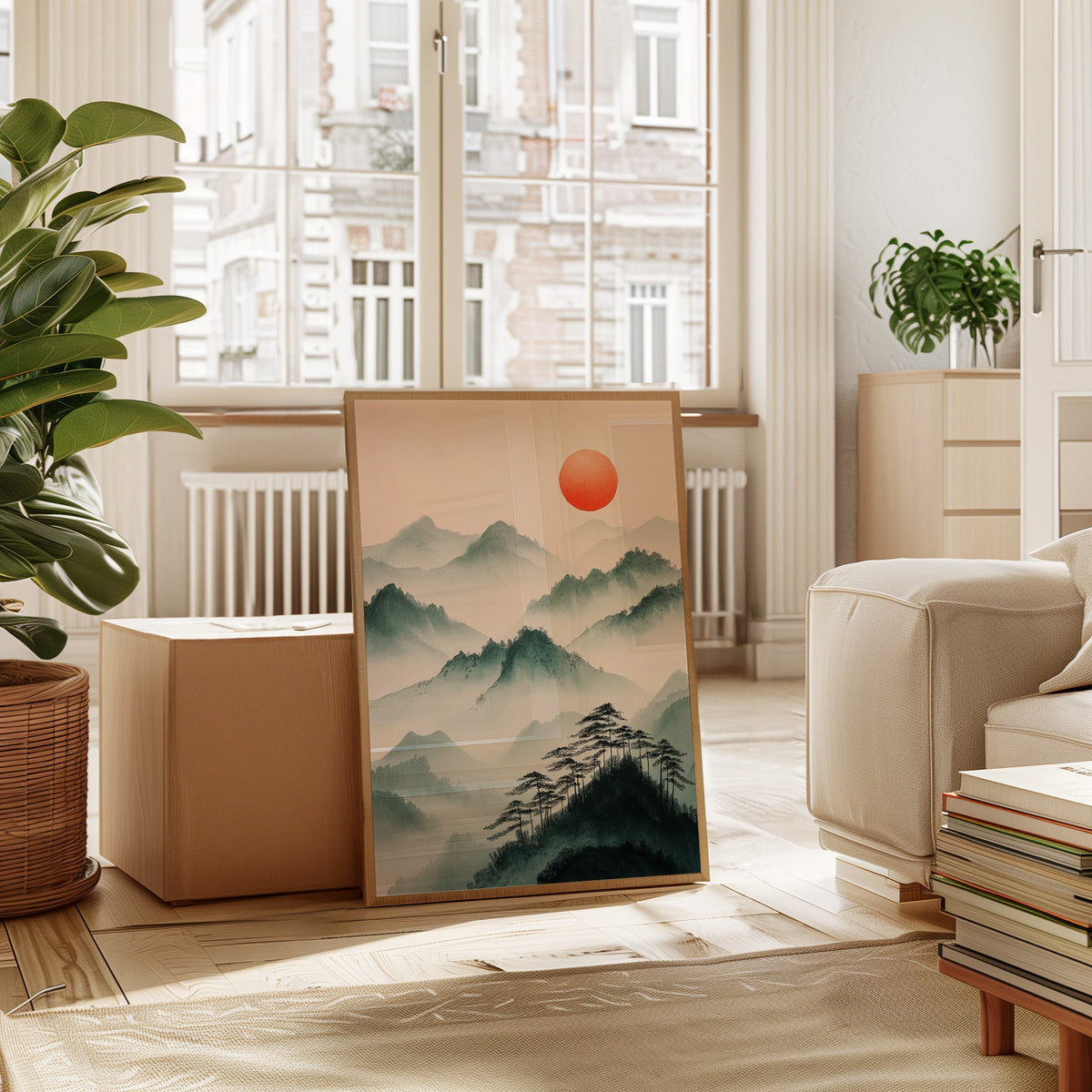 Misty Mountain Sunrise – Tranquil Asian-Inspired Landscape Print