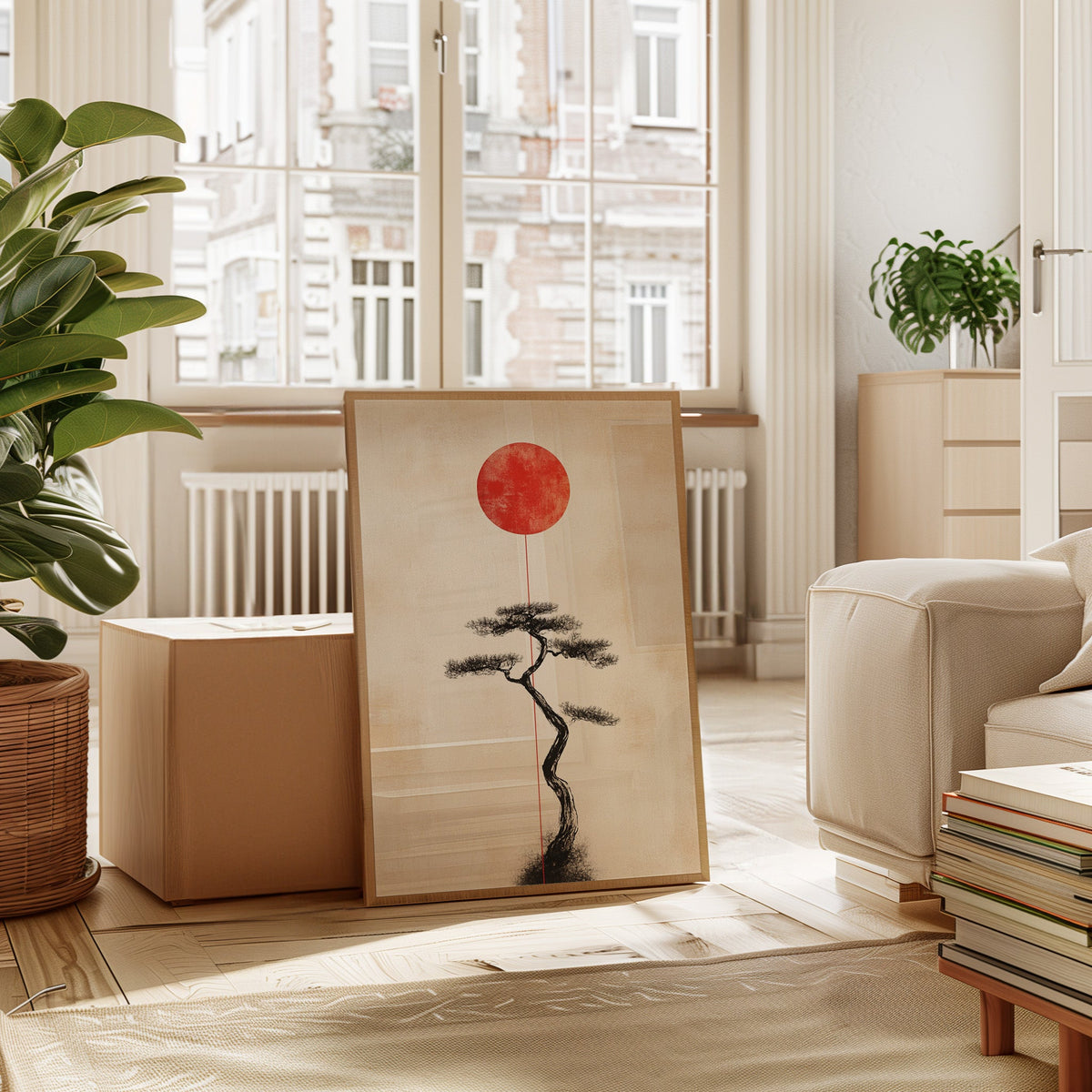 Minimalist Bonsai & Rising Sun – Japanese Zen-Inspired Wall Art
