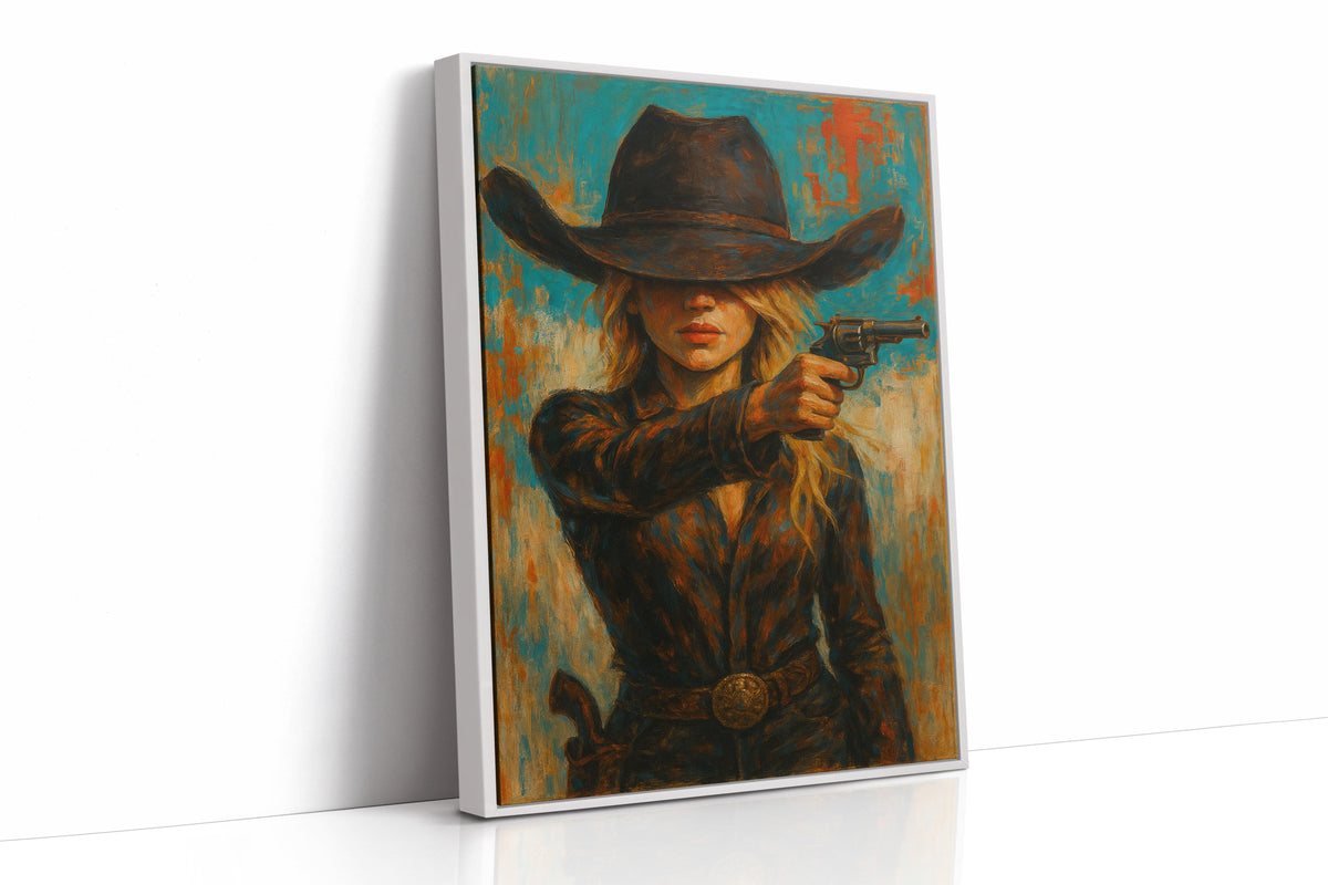 Western Grit: Cowgirl With Revolver Canvas Art
