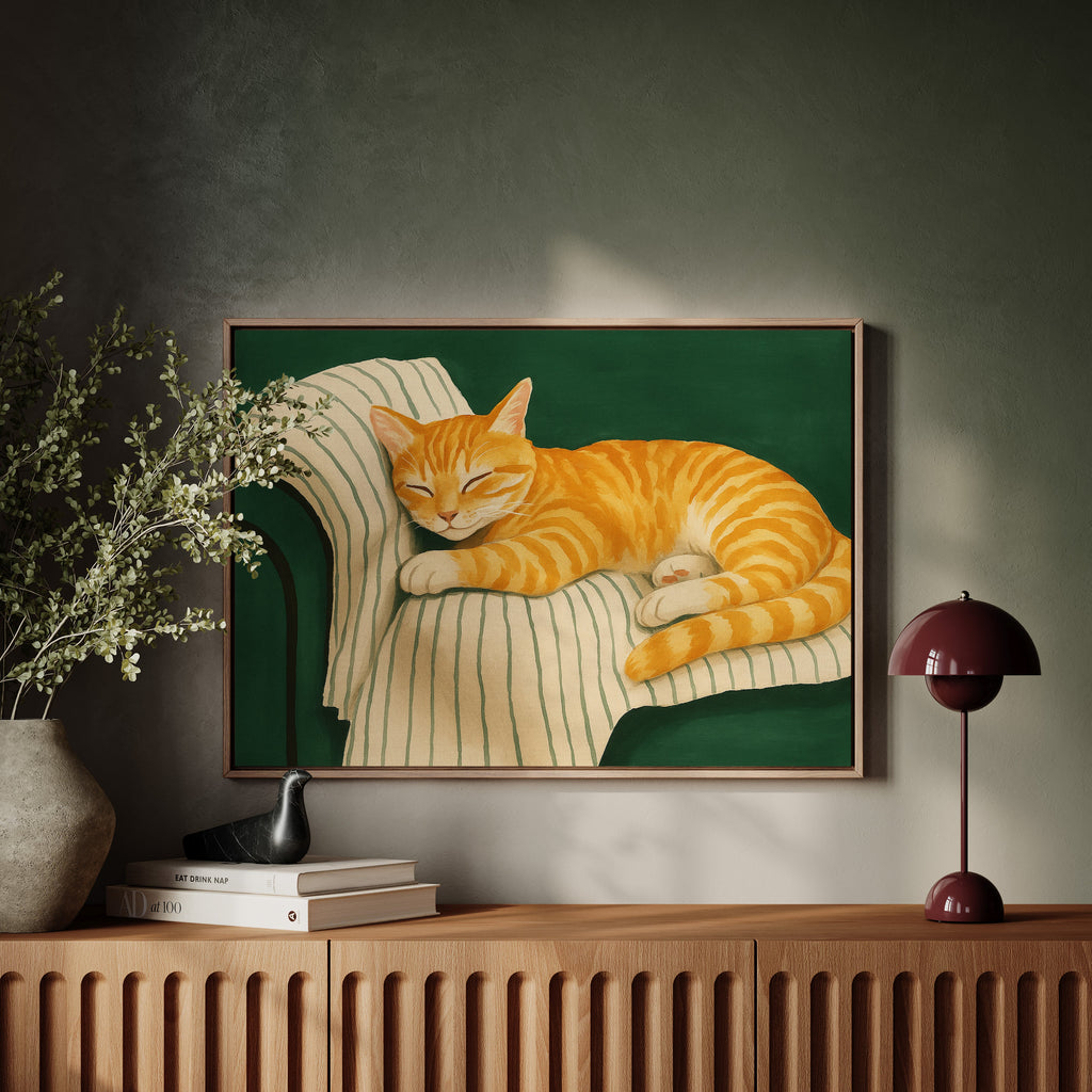 Striped Cat Napping on the Couch