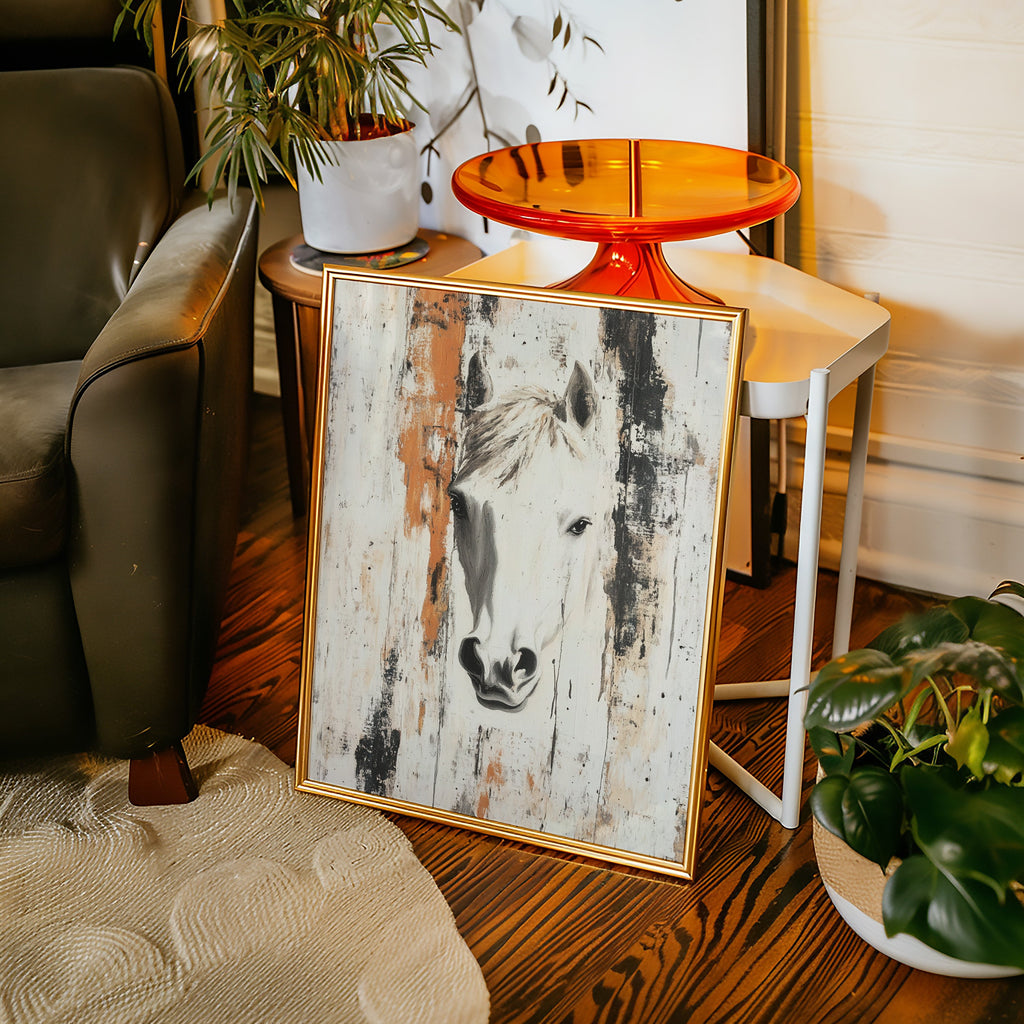 White Horse Against Rustic Planks