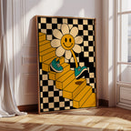 Groovy Daisy Vibes – Retro Checkerboard Flower Print