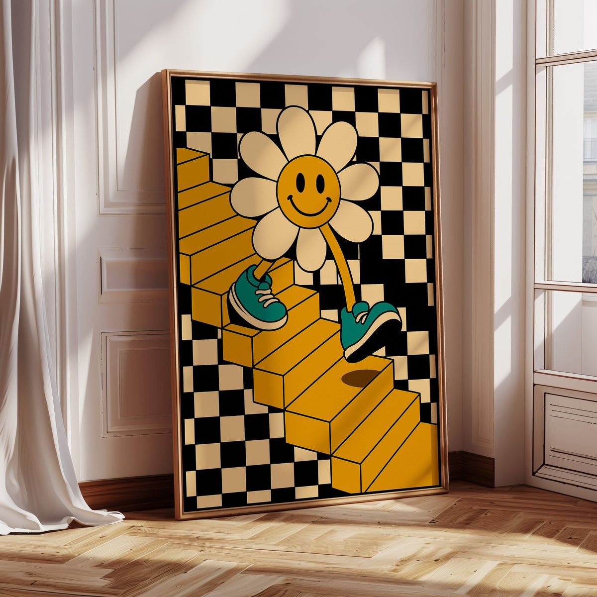 Groovy Daisy Vibes – Retro Checkerboard Flower Print