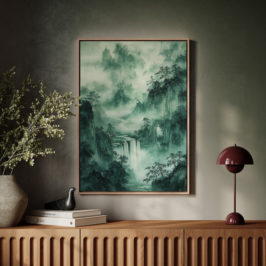 Serene Waterfall Landscape – Traditional Japanese Ink Wash Painting