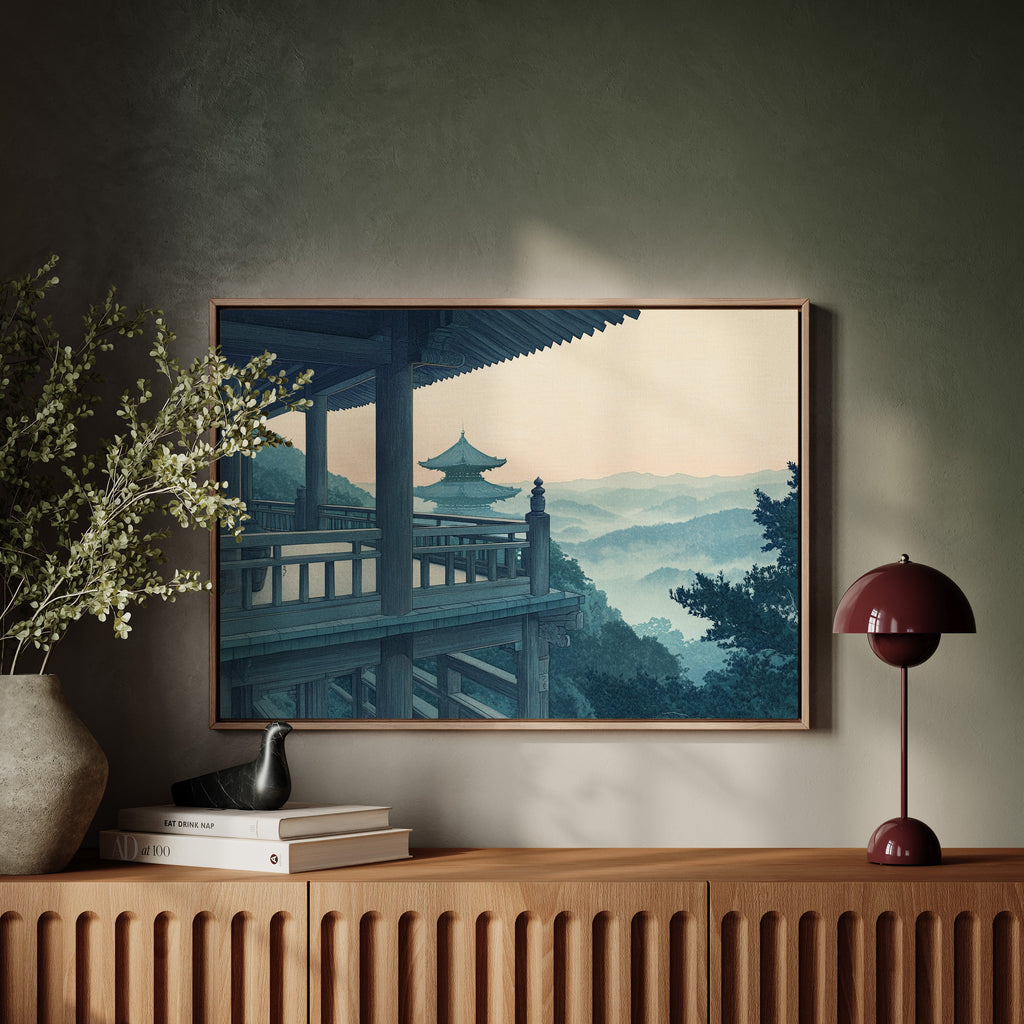 Japanese Temple Balcony – Serene Misty Mountain View Wall Art