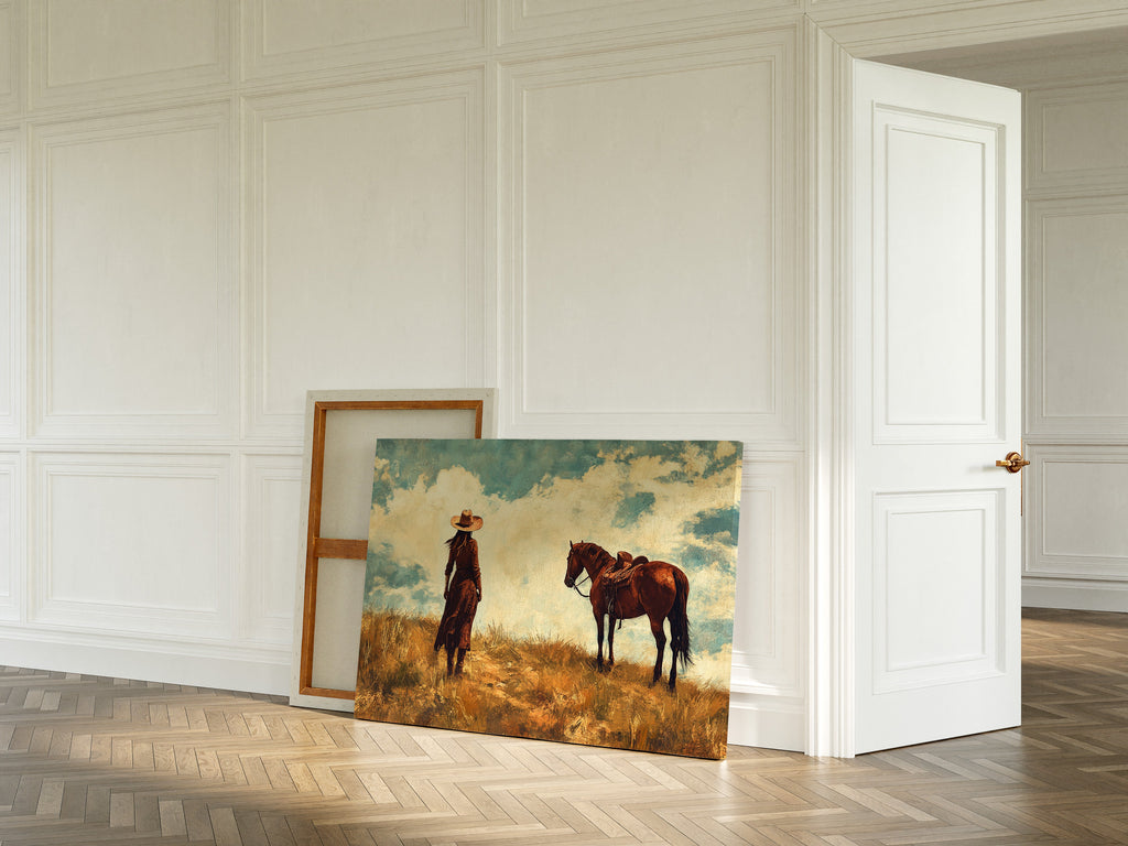 Cowgirl and Horse Under Big Sky