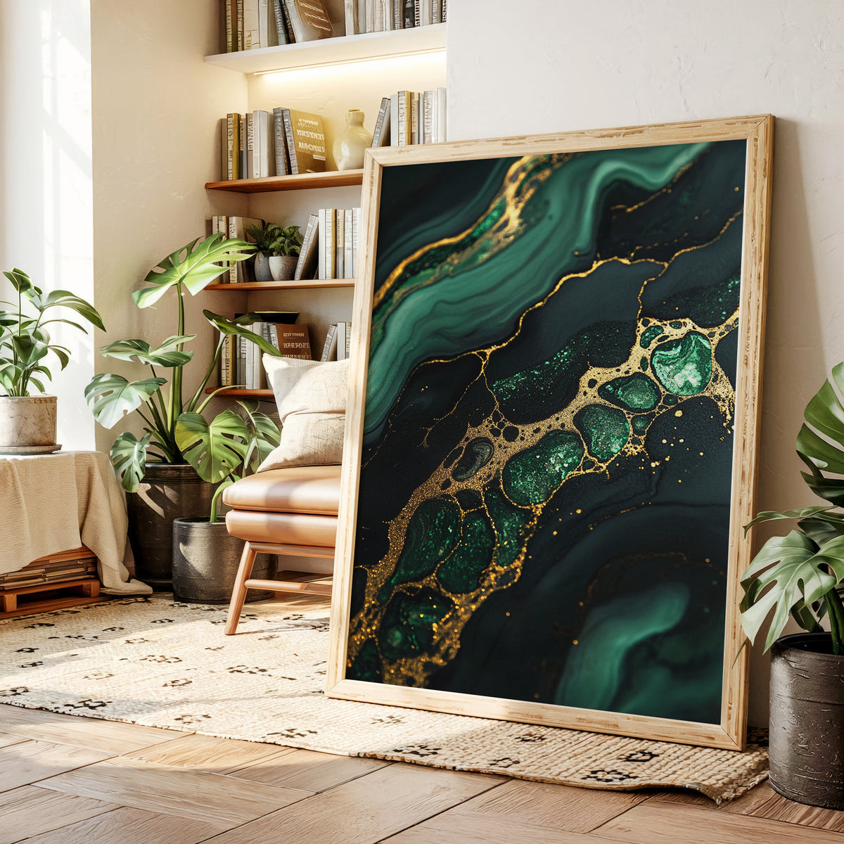 Gilded Cells in Deep Emerald Flow