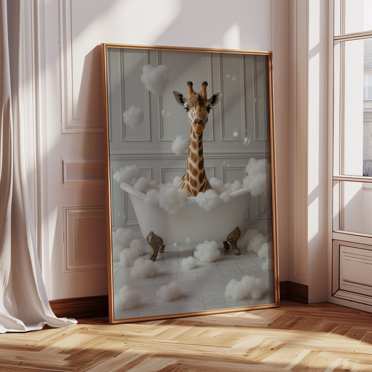 Giraffe in a Bathtub of Bubbles