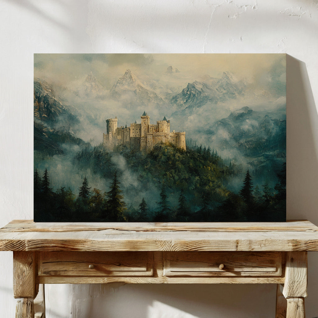 Misty Mountain Castle: Ethereal Fantasy Landscape Canvas Wall Art