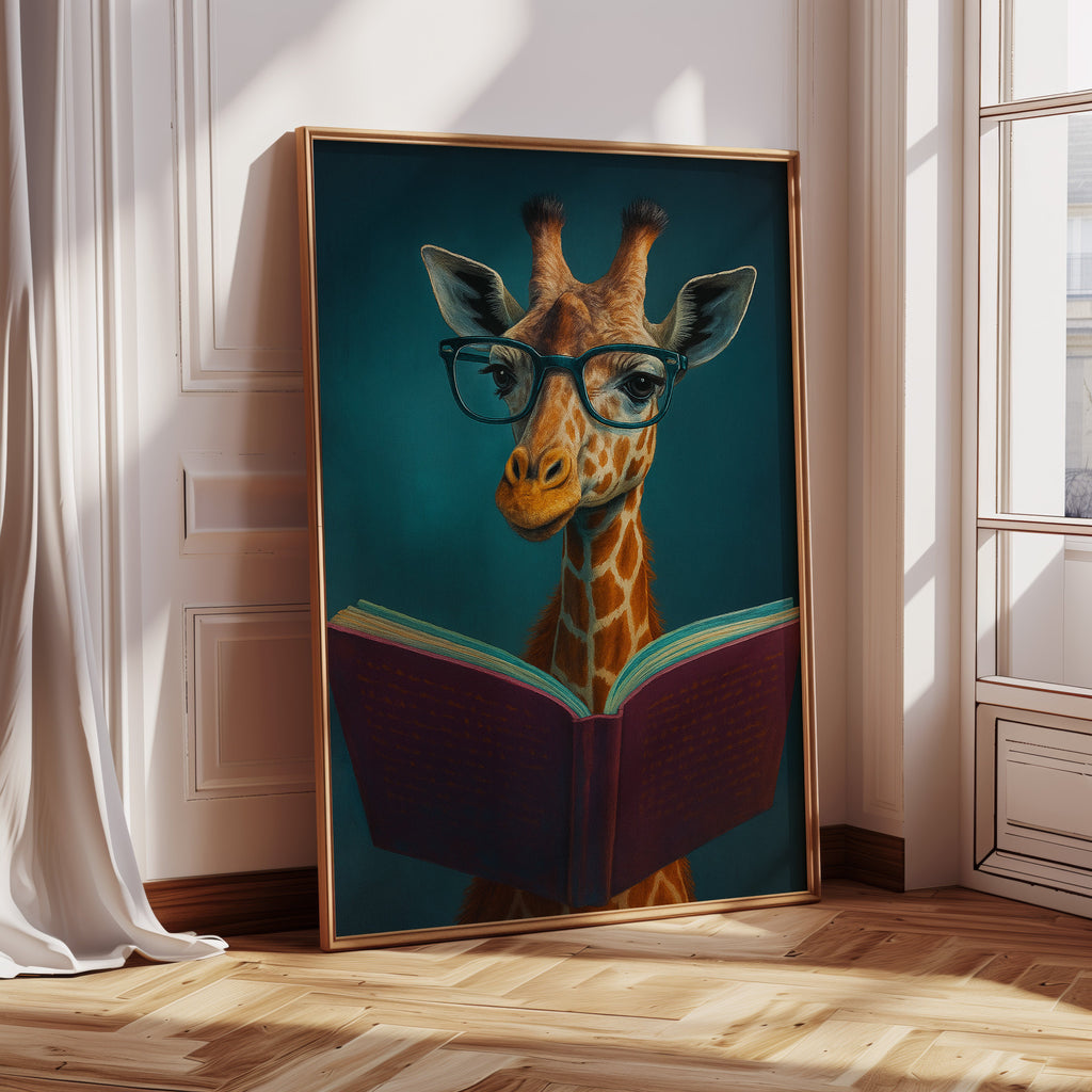 Giraffe with Glasses Reading a Book