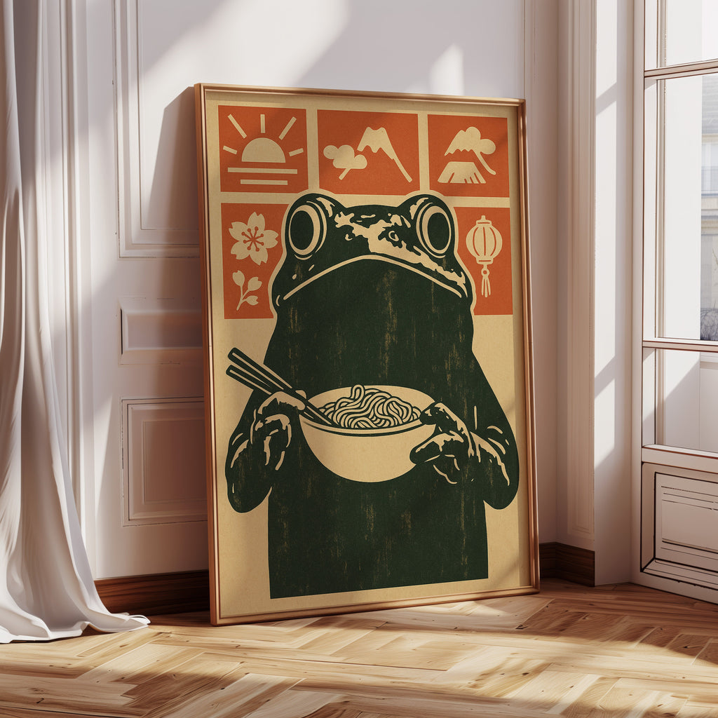 Ramen Frog in Retro Woodblock Style