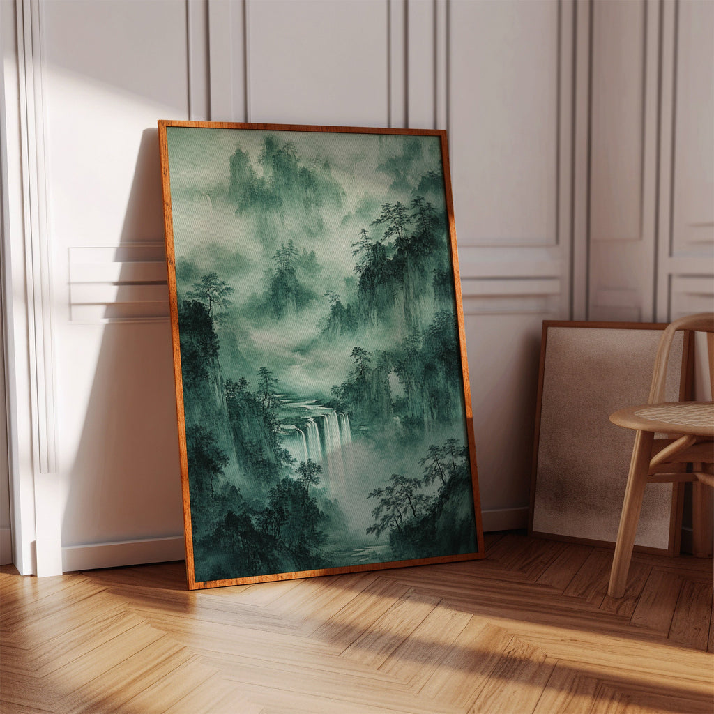 Serene Waterfall Landscape – Traditional Japanese Ink Wash Painting
