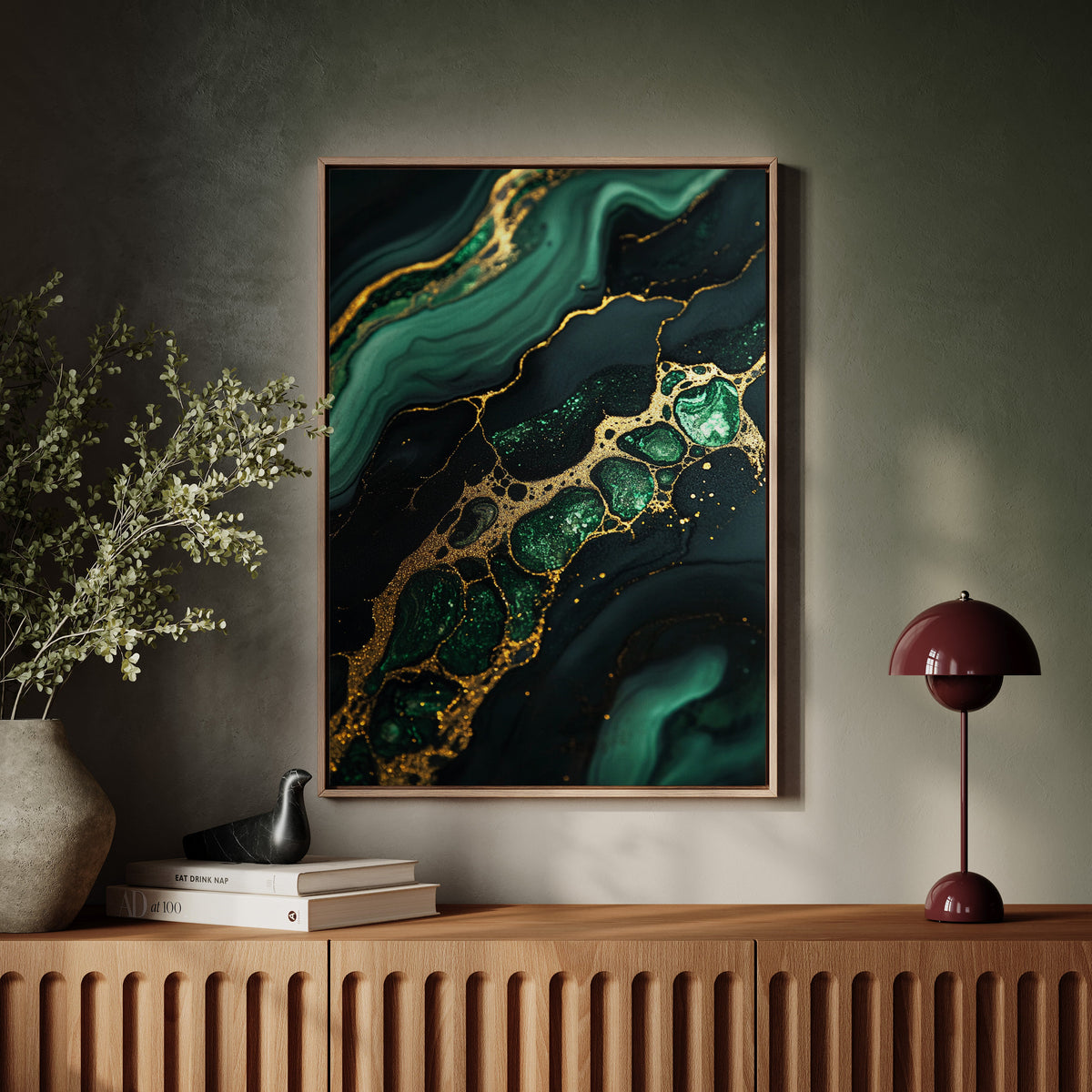 Gilded Cells in Deep Emerald Flow