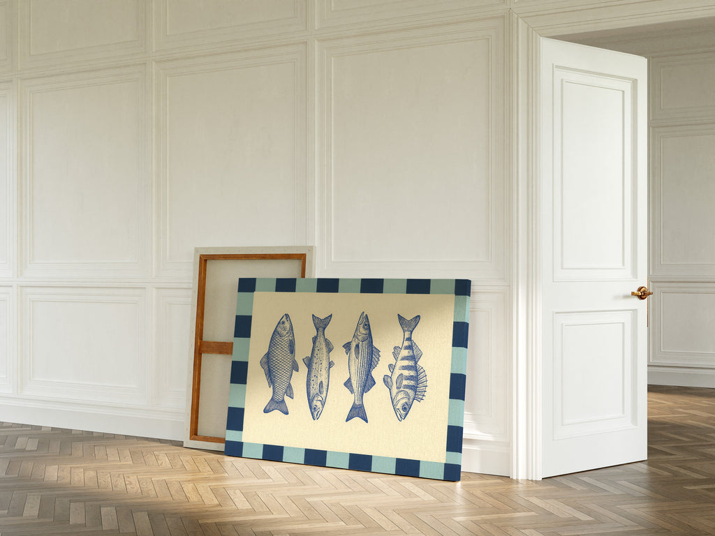Vintage Fish Quartet on Checkerboard Blue