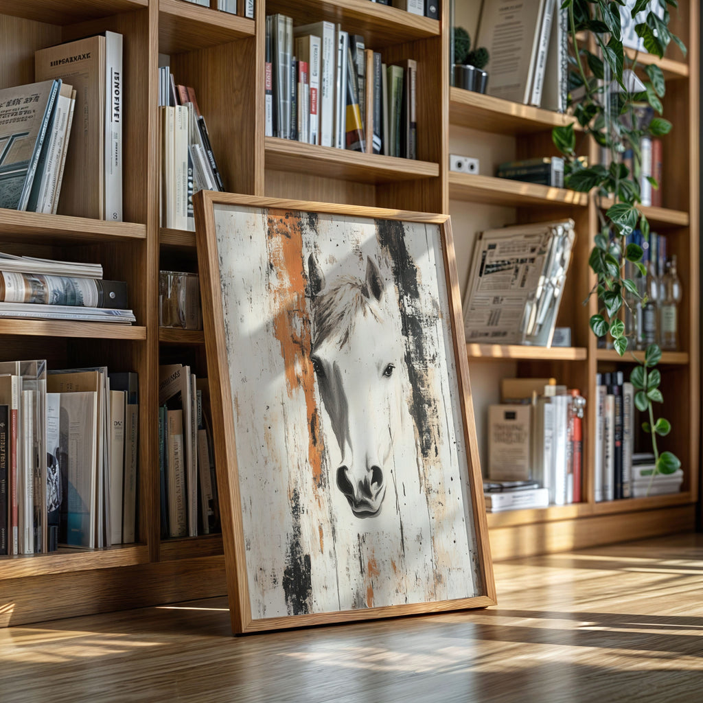 White Horse Against Rustic Planks