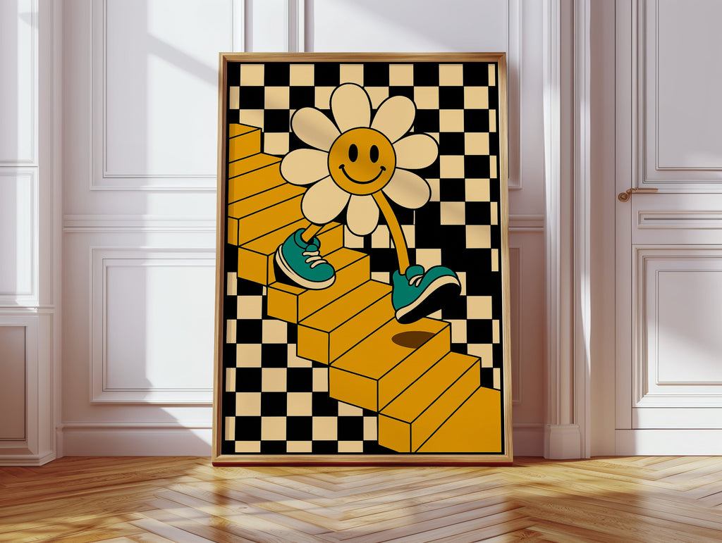 Groovy Daisy Vibes – Retro Checkerboard Flower Print