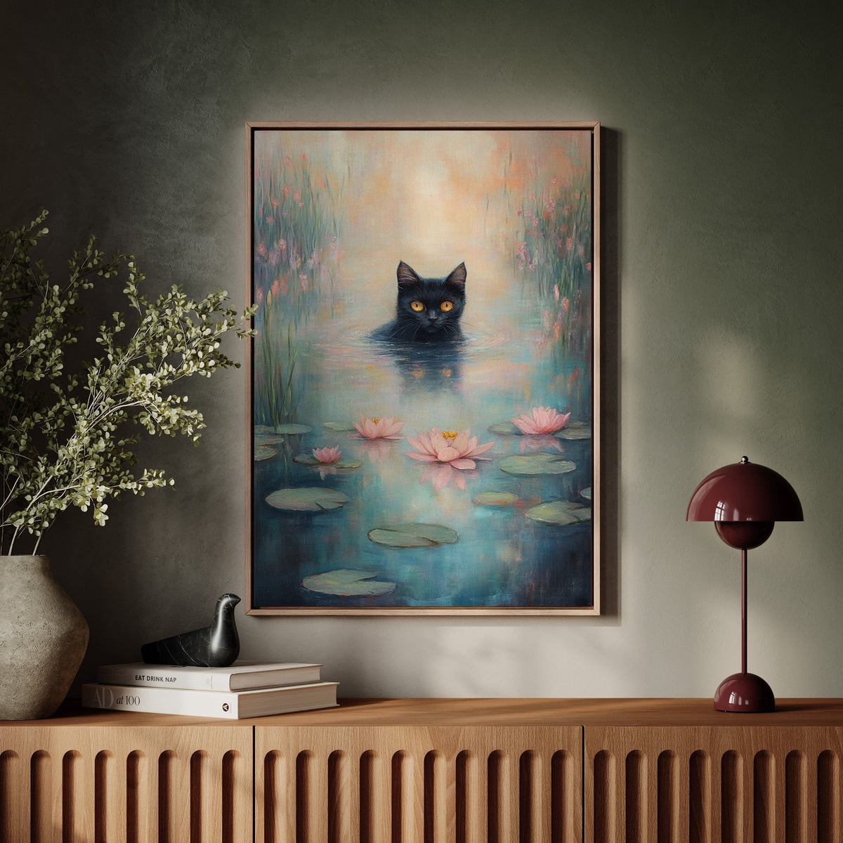 Mystical Black Cat in Water – Dreamy Water Lily Painting
