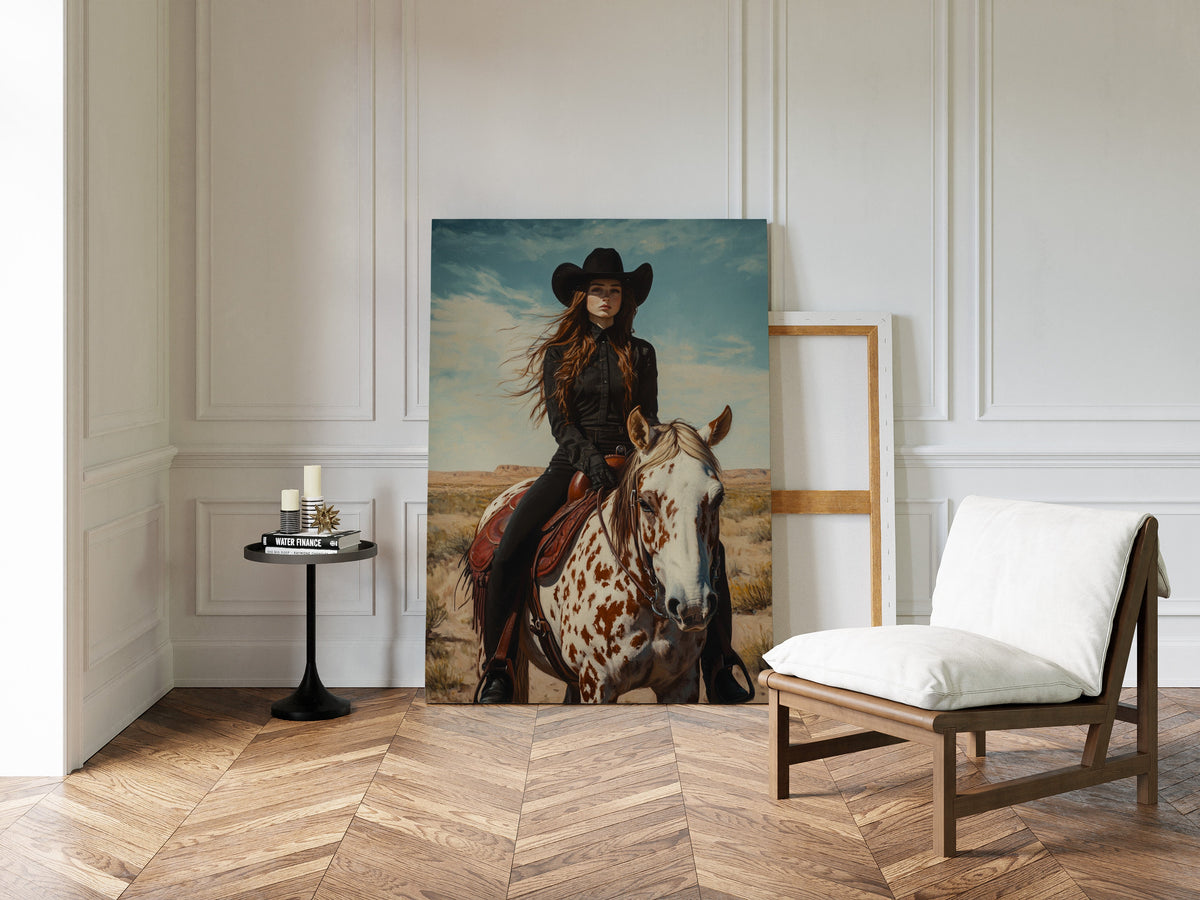 Desert Reins – Cowgirl on Paint Horse Portrait