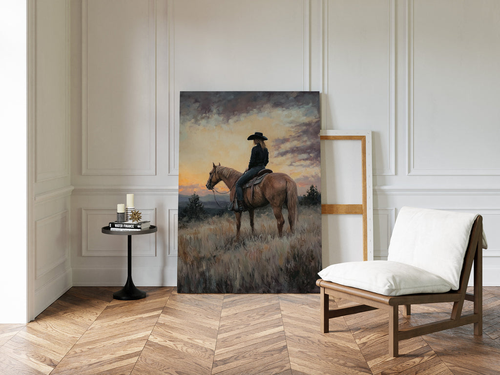 Evening Watch – Cowgirl and Horse at Sunset