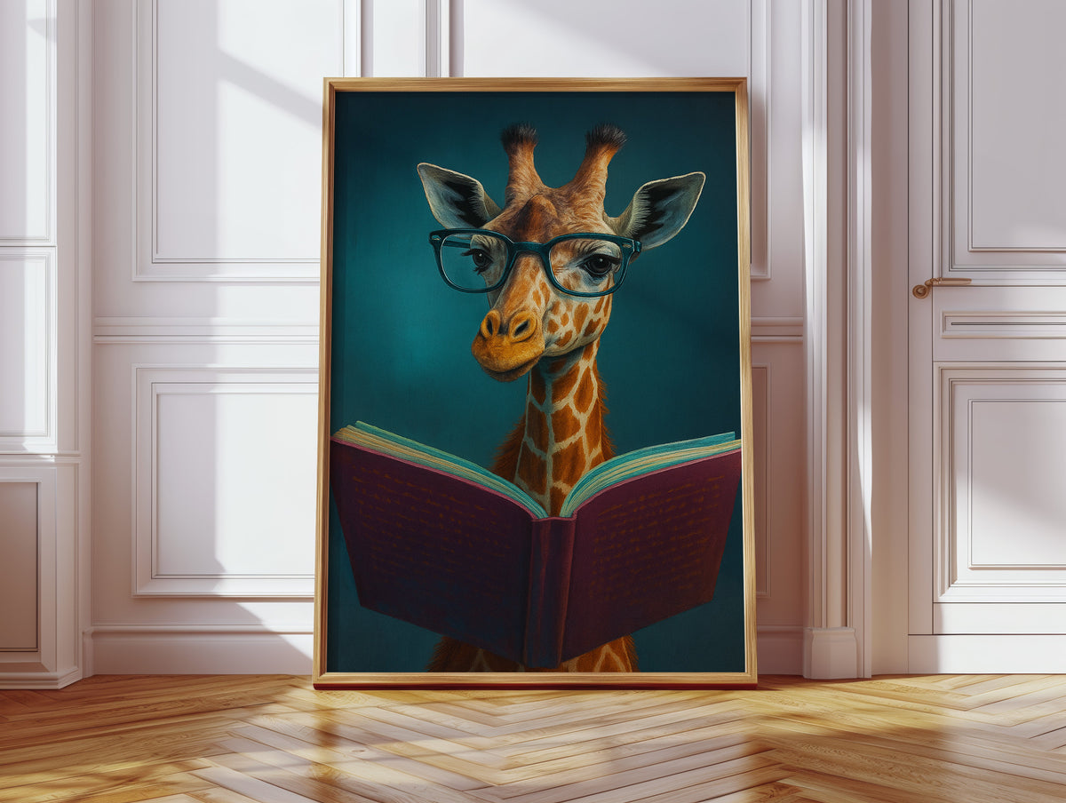 Giraffe with Glasses Reading a Book