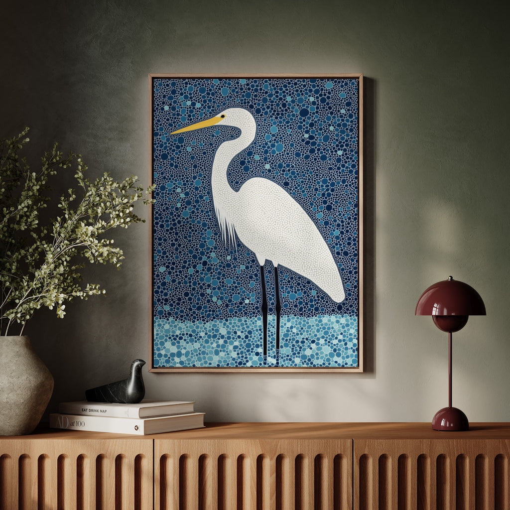 Elegant White Egret – Mosaic-Inspired Bird Wall Art