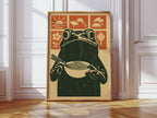 Ramen Frog in Retro Woodblock Style