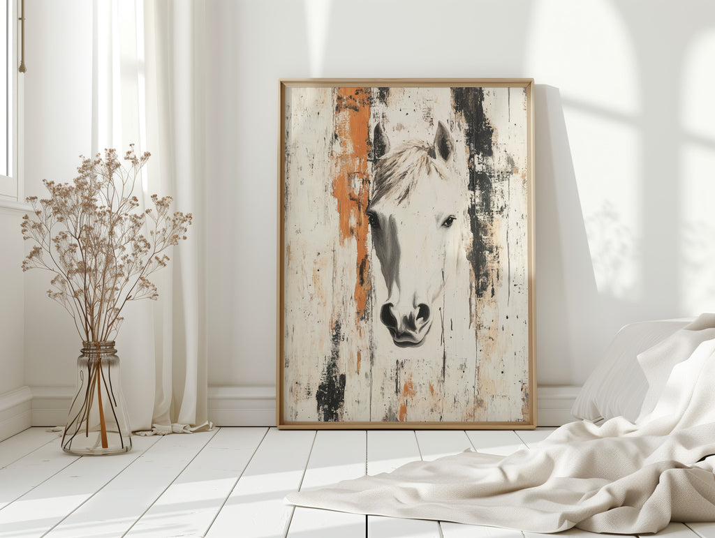 White Horse Against Rustic Planks