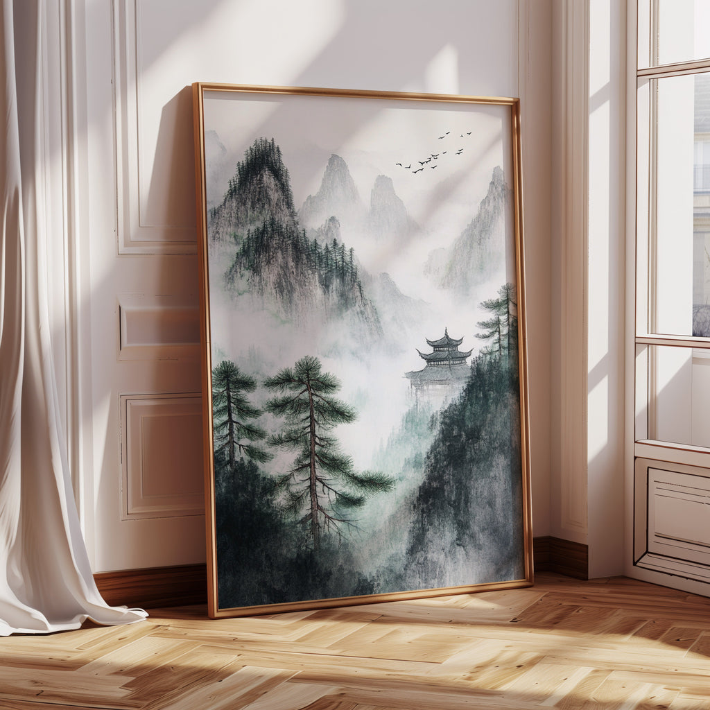Misty Mountain Landscape – Tranquil Chinese Zen Wall Art
