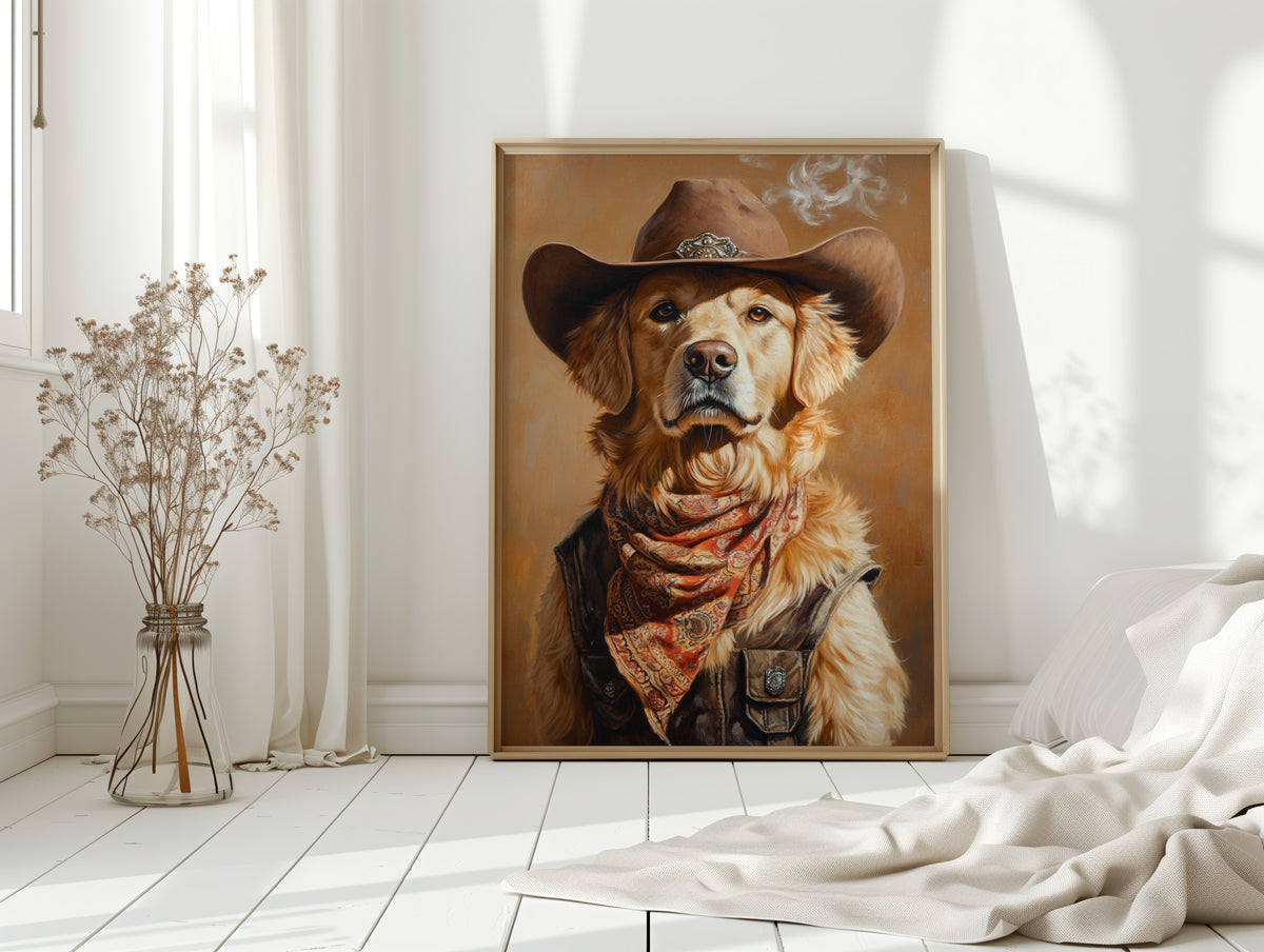 Golden Retriever Gunslinger in a Cowboy Hat