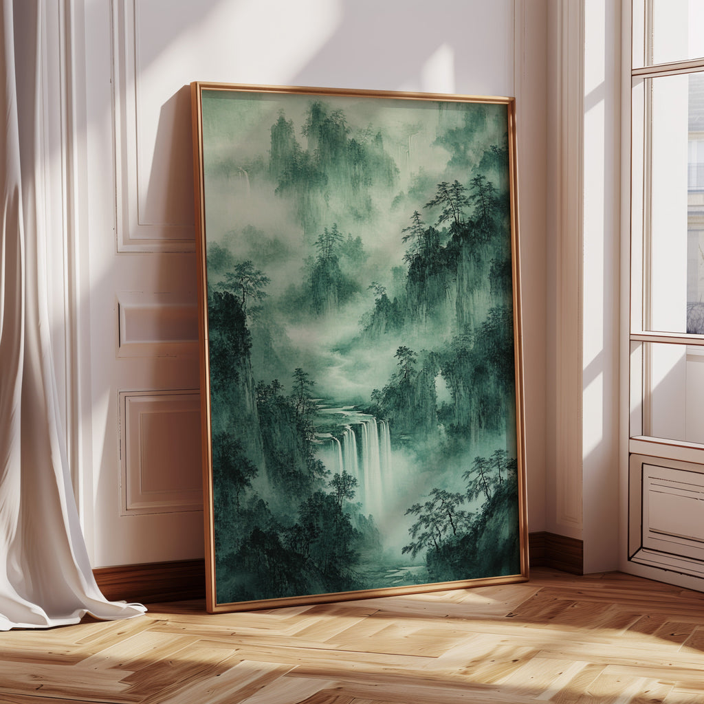 Serene Waterfall Landscape – Traditional Japanese Ink Wash Painting