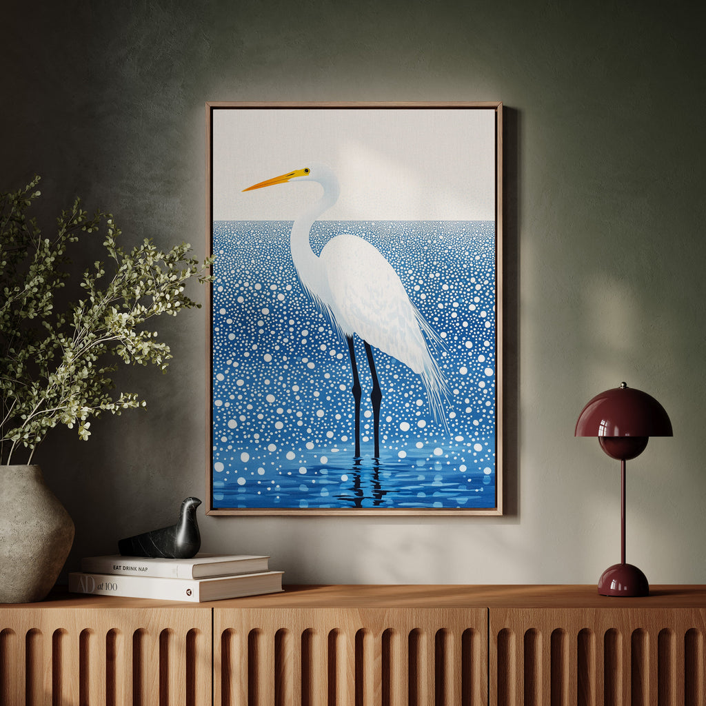 White Egret in Snowfall – Elegant Minimalist Bird Wall Art