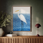 White Egret in Snowfall – Elegant Minimalist Bird Wall Art