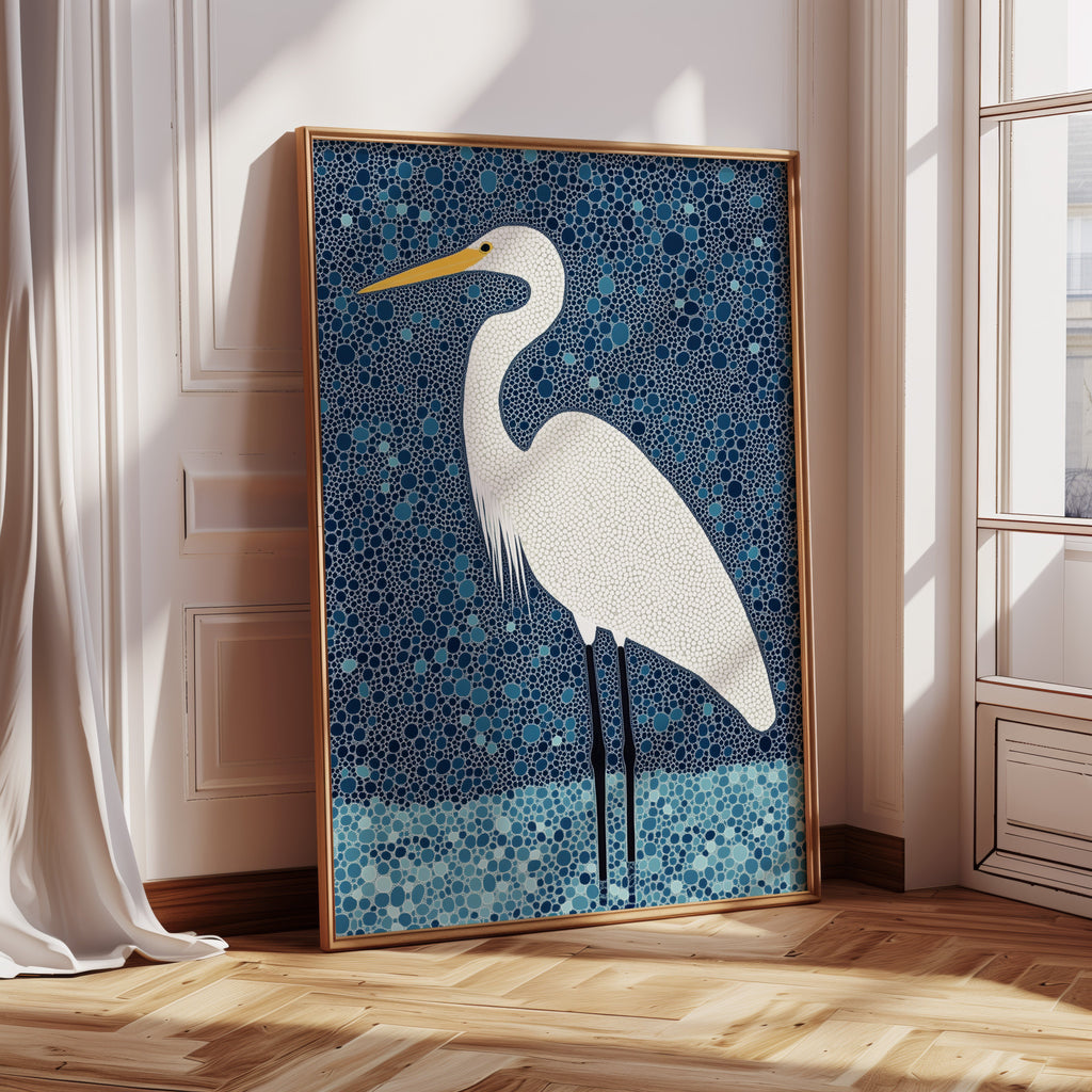 Elegant White Egret – Mosaic-Inspired Bird Wall Art