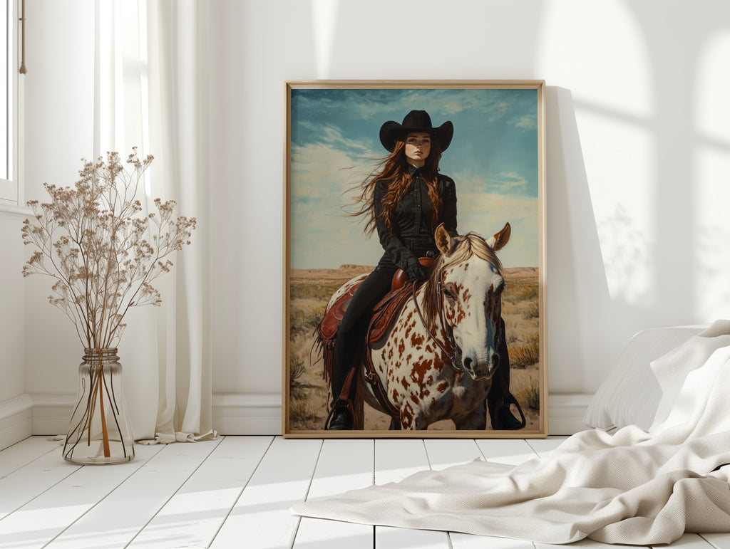 Desert Reins – Cowgirl on Paint Horse Portrait