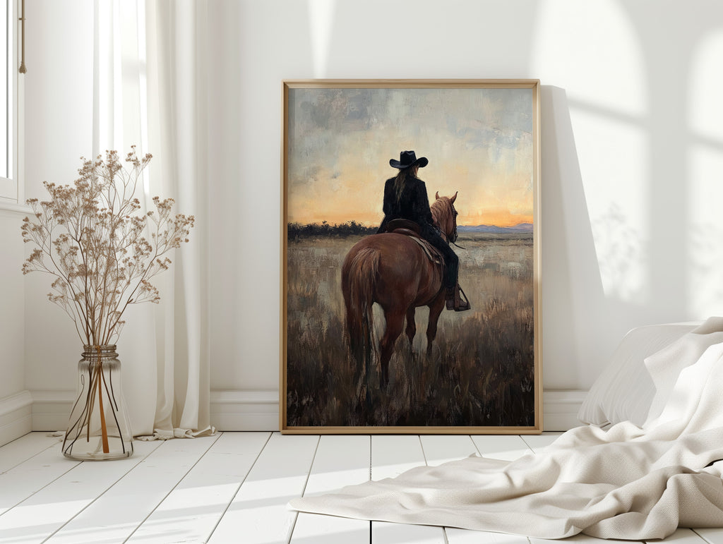 Back to the Prairie – Cowgirl on Horse at Dusk