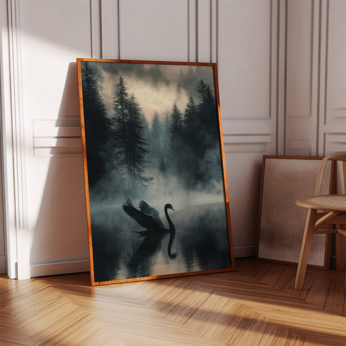 Black Swan in the Forest Mist