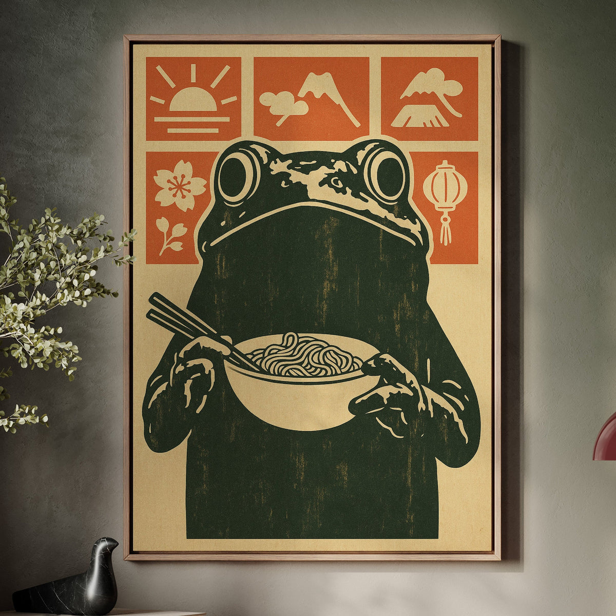 Ramen Frog in Retro Woodblock Style